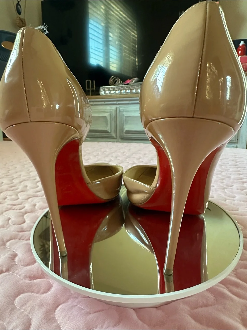 Christian Louboutin Nude Patent Pointed-Toe Pumps with Red Sole